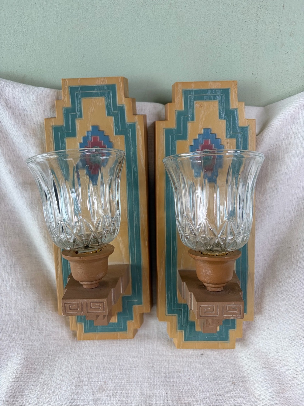 Hand-Painted Southwestern Wall Sconces with Glass Shades - Turquoise & Mustard
